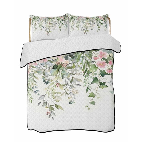 Twin XL Quilt Bedding Set, Sage Green Eucalyptus Reversible Summer Quilt 3 Pieces, Summer Spring Weeping Leaves Botanical Lightweight Bedspreads Coverlets with 2 Pillow Shams for All Seasons