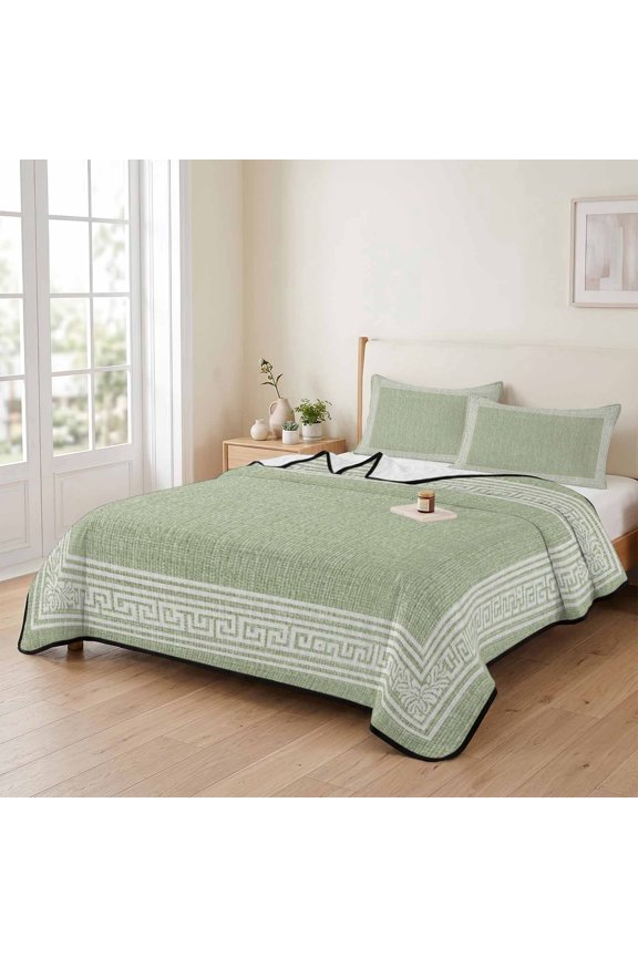 Twin XL Quilt Bedding Set, Sage Green Linen Burlap Key Lightweight Coverlet Summer Comforter Set Soft Microfiber Bedspread, Abstract Greek Inspired Texture 3 Piece Quilt Set with 2 Pillow Shams