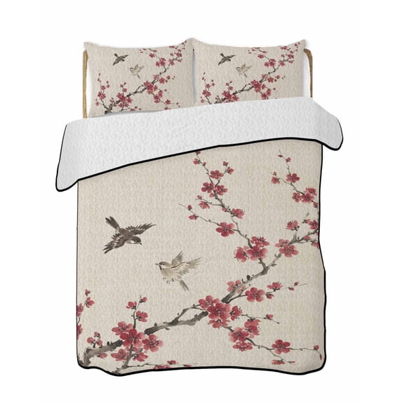 Twin XL Quilt Bedding Set, Spring Cherry Flowers Reversible Summer Quilt 3 Pieces, Retro Country Floral Birds Plants Beige Lightweight Bedspreads Coverlets with 2 Pillow Shams for All Seasons