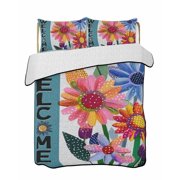 Twin XL Quilt Bedding Set, Spring Daisy Reversible Summer Quilt 3 Pieces, Turquoise Modern Abstract Art Dots Floral Lightweight Bedspreads Coverlets with 2 Pillow Shams for All Seasons