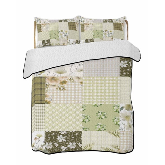 Twin XL Quilt Bedding Set, Spring Floral Reversible Summer Quilt 3 Pieces, Yellow Flowers Botanical Patchwork Grid Bohemia Lightweight Bedspreads Coverlets with 2 Pillow Shams for All Seasons