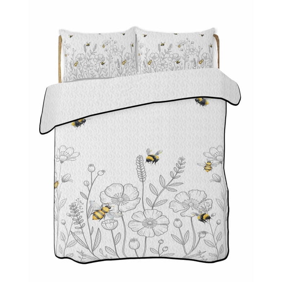 Twin XL Quilt Bedding Set, Spring Flowers Reversible Summer Quilt 3 Pieces, Simple Botanical Floral Herbs Bees Lightweight Bedspreads Coverlets with 2 Pillow Shams for All Seasons