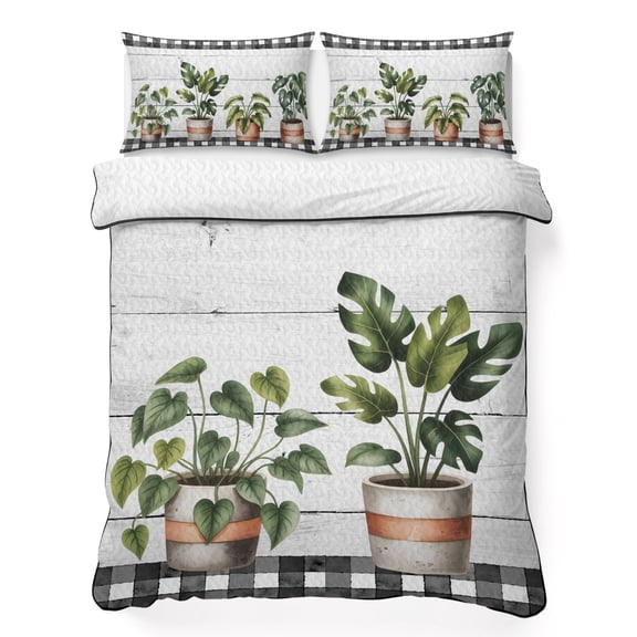 Twin XL Quilt Bedding Set Spring Green Leaves Pots on Wood Grain Breathable Summer Cooling Blanket for Hot Sleepers, Black Buffalo Plaid Lightweight Soft Bedding Set with 2 Pillow Shams