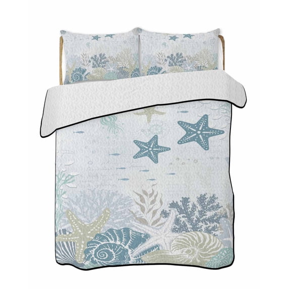 Twin XL Quilt Bedding Set, Starfish Coastal Reversible Summer Quilt 3 Pieces, Nautical Summer Beach Coral Shell Ocean Lightweight Bedspreads Coverlets with 2 Pillow Shams for All Seasons