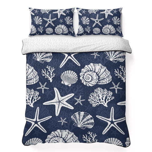 Twin XL Quilt Bedding Set Summer Beach Seashell Starfish Lightweight Summer Quilted Coverlet for Hot Sleepers, Conch Coral Navy Blue Breathable Soft Cooling Blanket with 2 Pillow Shams for All Season