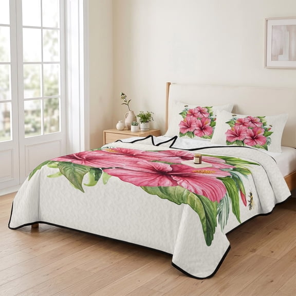 Twin XL Quilt Bedding Set, Summer Hibiscus Flower Lightweight Coverlet Summer Comforter Set Soft Microfiber Bedspread, Tropical Plant Palm Leaf Bee 3 Piece Quilt Set with 2 Pillow Shams