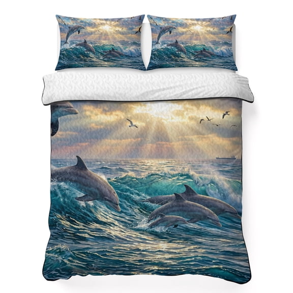 Twin XL Quilt Bedding Set Summer Jumping Dolphins Seagull Lightweight Summer Quilted Coverlet for Hot Sleepers, Coastal Ocean Sceneric Breathable Soft Blanket with 2 Pillow Shams for All Season
