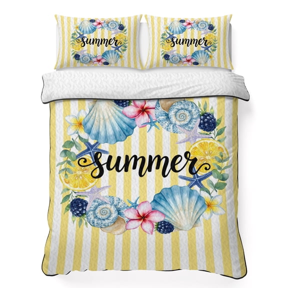 Twin XL Quilt Bedding Set, Summer Lemons Sea Stars Shells Soft Microfiber Summer Bedspread Coverlet with 2 Pillow Shams for All Season, Carnival Flowers Breathable Bedding Set for Hot Sleepers