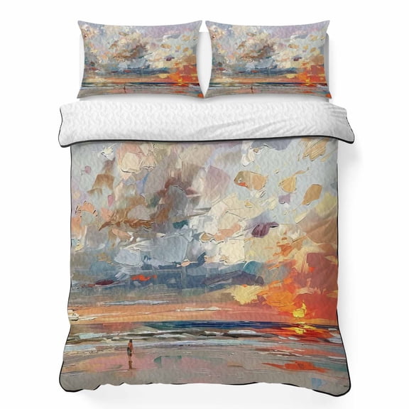 Twin XL Quilt Bedding Set Summer Oil Painting Art Ocean Beach Lightweight Summer Quilted Coverlet for Hot Sleepers, Abstract Seaside Scene Breathable Soft Blanket with 2 Pillow Shams for All Season