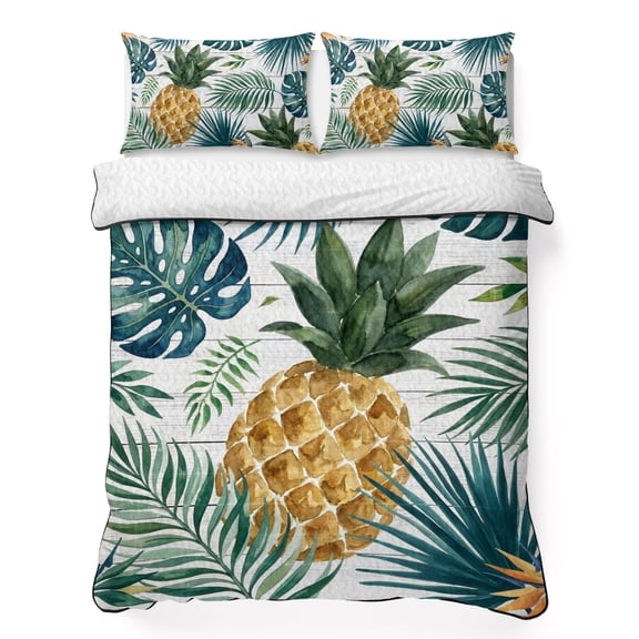 Twin XL Quilt Bedding Set Summer Tropical Pineapple Lightweight Summer Quilted Coverlet for Hot Sleepers, Vintage Wooden Plank Breathable Soft Cooling Blanket with 2 Pillow Shams for All Season