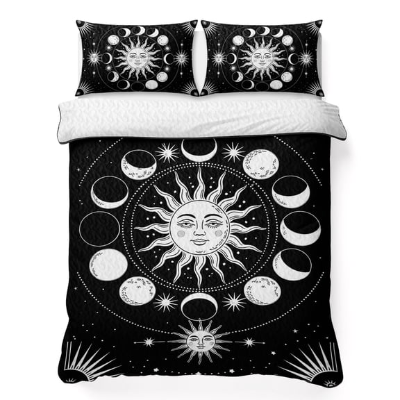 Twin XL Quilt Bedding Set, Sun Moon on Black Background Soft Microfiber Summer Bedspread Coverlet with 2 Pillow Shams for All Season, Starry Sky Scenery Breathable Bedding Set for Hot Sleepers