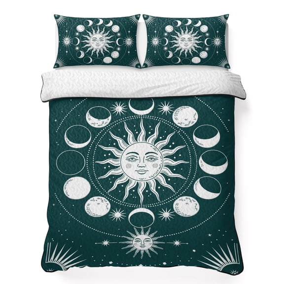 Twin XL Quilt Bedding Set, Sun Moon on Green Background Soft Microfiber Summer Bedspread Coverlet with 2 Pillow Shams for All Season, Starry Sky Scenery Breathable Bedding Set for Hot Sleepers