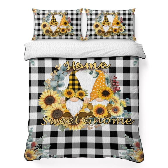Twin XL Quilt Bedding Set Sweet Gnome Words Sunflowers Breathable Summer Cooling Blanket for Hot Sleepers, Country Floral on Black Plaid Lightweight Soft Bedding Set with 2 Pillow Shams