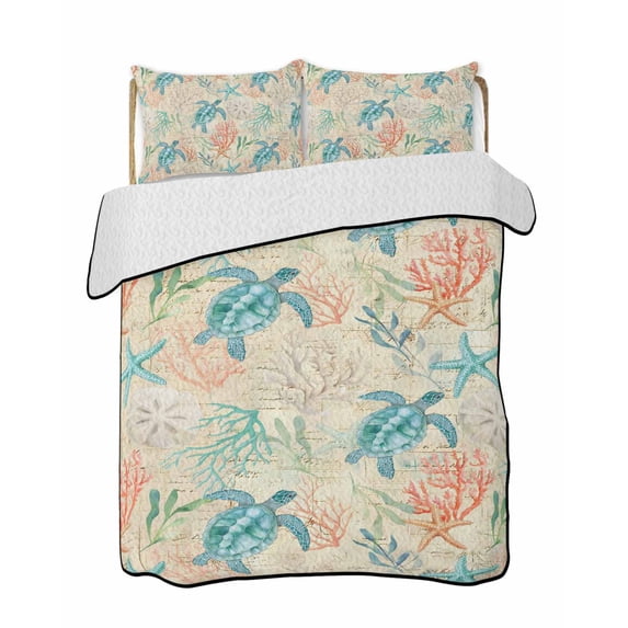 Twin XL Quilt Bedding Set, Teal Red Coastal Reversible Summer Quilt 3 Pieces, Summer Beach Nautical Sea Turtle Coral Starfish Lightweight Bedspreads Coverlets with 2 Pillow Shams for All Seasons