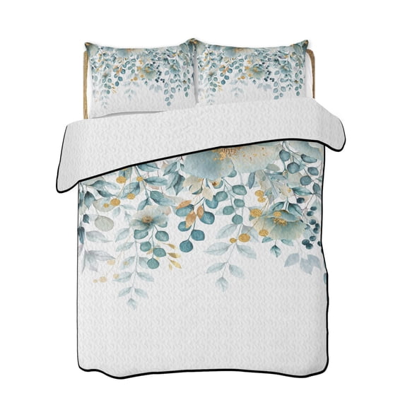 Twin XL Quilt Bedding Set, Teal Tulip Eucalyptus Reversible Summer Quilt 3 Pieces, Spring Summer Botanical Floral Chic Lightweight Bedspreads Coverlets with 2 Pillow Shams for All Seasons