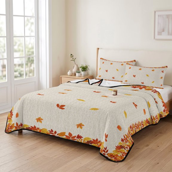 Twin XL Quilt Bedding Set, Thanksgiving Autumn Orange Maple Leaf Falling Lightweight Coverlet Summer Comforter Set Microfiber Bedspread, Watercolor Country Plant 3 Piece Quilt Set with 2 Pillow Shams
