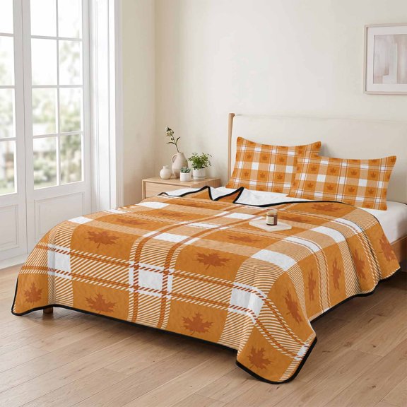Twin XL Quilt Bedding Set, Thanksgiving Day Autumn Leaves Lightweight Coverlet Summer Comforter Set Soft Microfiber Bedspread, Maple Leaf Check Grid 3 Piece Quilt Set with 2 Pillow Shams