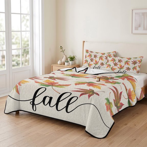 Twin XL Quilt Bedding Set, Thanksgiving Fall Maple Leaves Lightweight Coverlet Summer Comforter Set Soft Microfiber Bedspread, Botanical Leaf on Burlap 3 Piece Quilt Set with 2 Pillow Shams