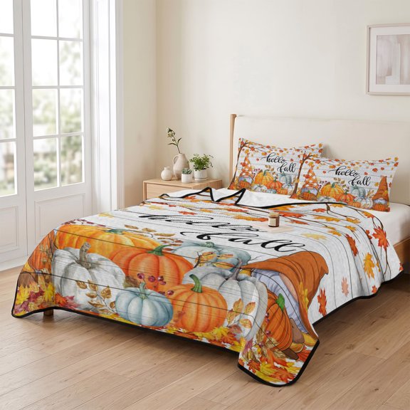 Twin XL Quilt Bedding Set, Thanksgiving Maple Leaf Farm Gnome Lightweight Coverlet Summer Comforter Set Soft Microfiber Bedspread, Fall Pumpkin Retro Plank 3 Piece Quilt Set with 2 Pillow Shams