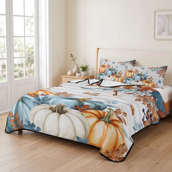 Twin XL Quilt Bedding Set, Thanksgiving Pumpkin Maple Leaves Lightweight Coverlet Summer Comforter Set Soft Microfiber Bedspread, Fall Botanical Retro Plank 3 Piece Quilt Set with 2 Pillow Shams