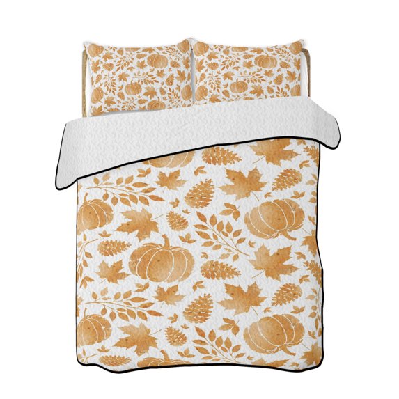 Twin XL Quilt Bedding Set, Thanksgiving Reversible Summer Quilt 3 Pieces, Fall Orange Pumpkin Cones Maple Branches Lightweight Bedspreads Coverlets with 2 Pillow Shams for All Seasons