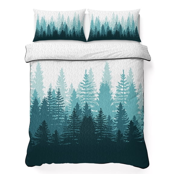 Twin XL Quilt Bedding Set Tree Forest Shadow Botanical Plants Lightweight Summer Quilted Coverlet for Hot Sleepers, Teal Gradient on White Breathable Soft Blanket with 2 Pillow Shams for All Season