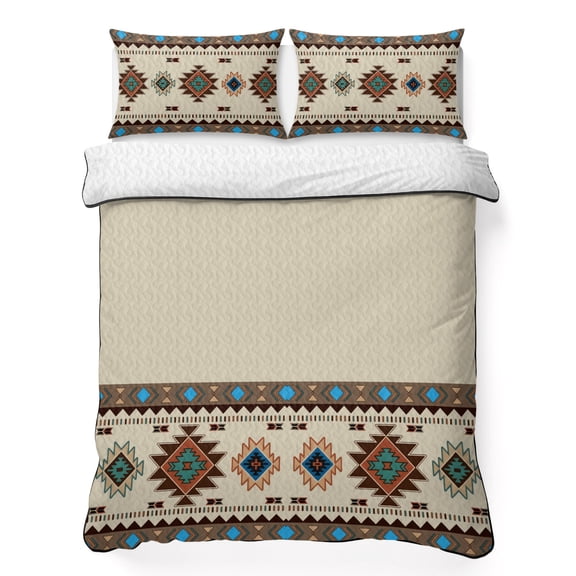 Twin XL Quilt Bedding Set Tribal Aztec Ethnic Style Lightweight Summer Quilted Coverlet for Hot Sleepers, Abstract Geometric Vintage Brown Breathable Soft Blanket with 2 Pillow Shams for All Season