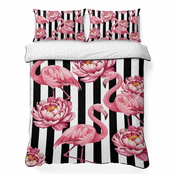 Twin XL Quilt Bedding Set Tropical Pink Flamingo Flower Lightweight Summer Quilted Coverlet for Hot Sleepers, White Black Modern Stripe Breathable Soft Blanket with 2 Pillow Shams for All Season