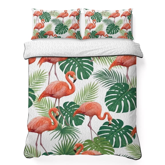 Twin XL Quilt Bedding Set, Tropical Pink Flamingos Palm Leaf Soft Microfiber Summer Bedspread Coverlet with 2 Pillow Shams, Summer Animal Botanical Breathable Bedding Set for Hot Sleepers