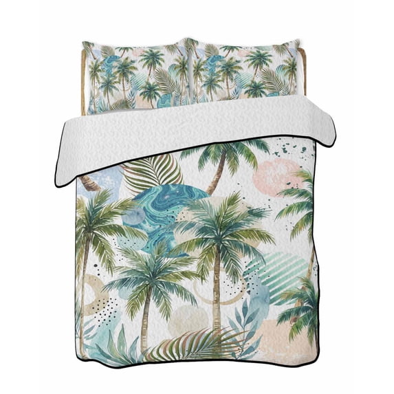 Twin XL Quilt Bedding Set, Tropical Plant Reversible Summer Quilt 3 Pieces, Summer Watercolor Boho Green Palm Trees Lightweight Bedspreads Coverlets with 2 Pillow Shams for All Seasons