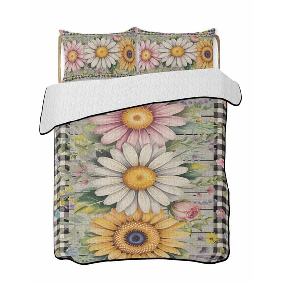 Twin XL Quilt Bedding Set, Vintage Daisy Floral Reversible Summer Quilt 3 Pieces, Spring Flowers Botanical Leaves Checkered Wooden Lightweight Bedspreads Coverlets with 2 Pillow Shams for All Seasons