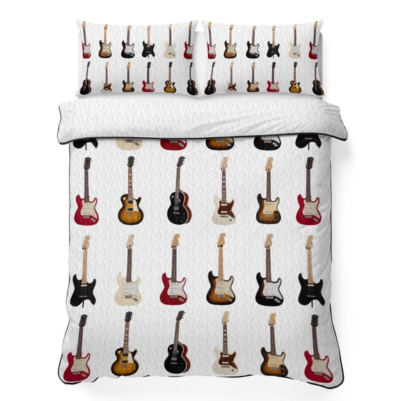 Twin XL Quilt Bedding Set, Vintage Musical Instrument Soft Microfiber Summer Bedspread Coverlet with 2 Pillow Shams for All Season, Cartoon Guitar Bass Breathable Bedding Set for Hot Sleepers