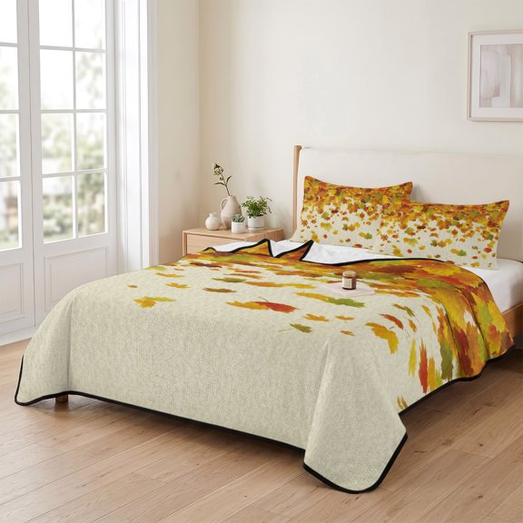 Twin XL Quilt Bedding Set, Vintage Thanksgiving Maple Leaf Lightweight Coverlet Summer Comforter Set Soft Microfiber Bedspread, Country Plant on Linen 3 Piece Quilt Set with 2 Pillow Shams