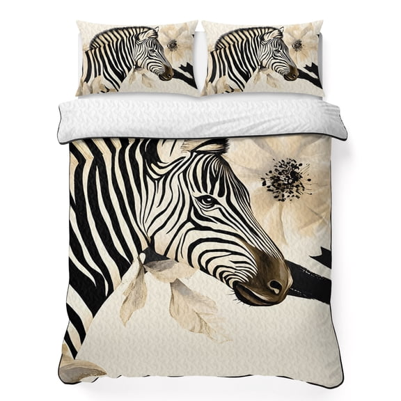 Twin XL Quilt Bedding Set, Vintage Zebra Print Flower Soft Microfiber Summer Bedspread Coverlet with 2 Pillow Shams, Farmhouse Animal Blossom Floral Breathable Bedding Set for Hot Sleepers