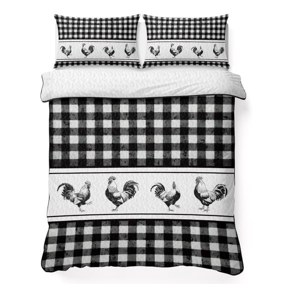 Twin XL Quilt Bedding Set Watercolor Black Buffalo Check Lightweight Summer Quilted Coverlet for Hot Sleepers, Rustic Cock Minimalist Plaid Breathable Soft Blanket with 2 Pillow Shams for All Season