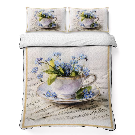 Twin XL Quilt Bedding Set Watercolor Spring Flower Teacup Breathable Summer Cooling Blanket for Hot Sleepers, Retro Musical Score Lightweight Soft Bedding Set with 2 Pillow Shams for All Season