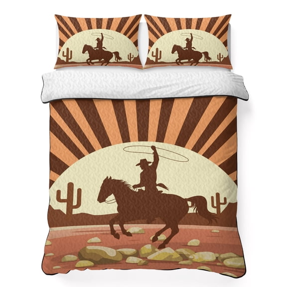 Twin XL Quilt Bedding Set Western Cowboy American Wild West Lightweight Summer Quilted Coverlet for Hot Sleepers, Cowboys Riding Horse in Desert Breathable Soft Blanket with 2 Pillow Shams