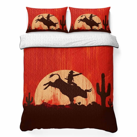 Twin XL Quilt Bedding Set Western Cowboys Horse Riding on Red Breathable Summer Cooling Blanket for Hot Sleepers, Abstract Cactus Desert Lightweight Soft Bedding Set with 2 Pillow Shams