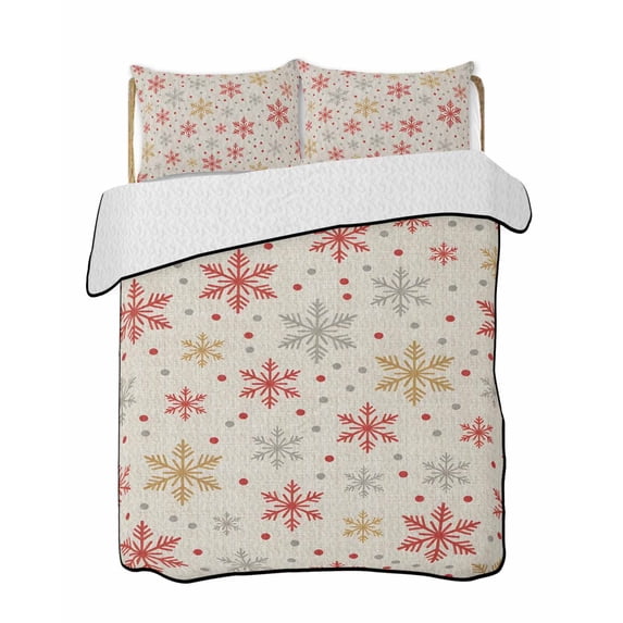 Twin XL Quilt Bedding Set, Winter Snowflakes Reversible Summer Quilt 3 Pieces, Red Yellow Christmas Snowflakes Beige Lightweight Bedspreads Coverlets with 2 Pillow Shams for All Seasons