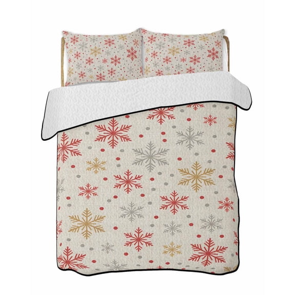 Twin XL Quilt Bedding Set, Winter Snowflakes Reversible Summer Quilt 3 Pieces, Red Yellow Christmas Snowflakes Beige Lightweight Bedspreads Coverlets with 2 Pillow Shams for All Seasons