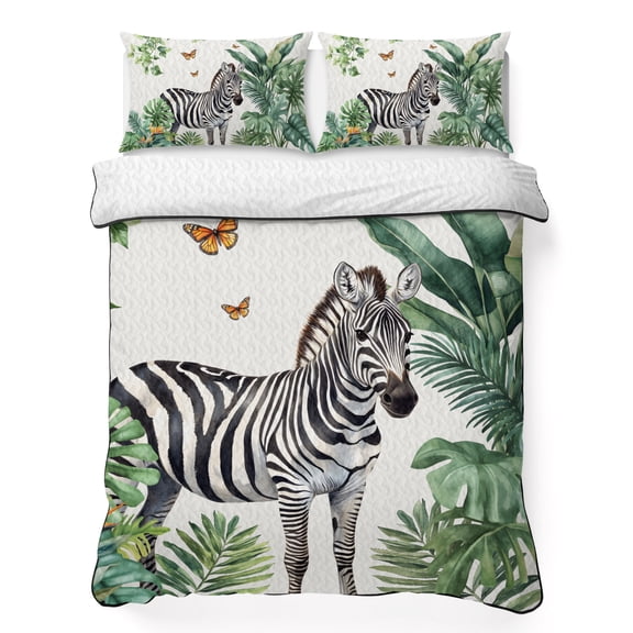 Twin XL Quilt Bedding Set Zebra Tropical Leaves Jungle Lightweight Summer Quilted Coverlet for Hot Sleepers, Black Stripes Animal Portrait Breathable Soft Blanket with 2 Pillow Shams for All Season