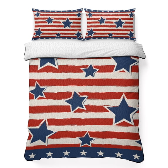 Twin XL Quilt Set 68''x98'', 4th of July Lightweight Bedspread Coverlet with 2 Pillow Shams, Independence Day Patriotic Red Striped Blue Star Breathable All Season Quilt Bedding for Dorm/Guest Room