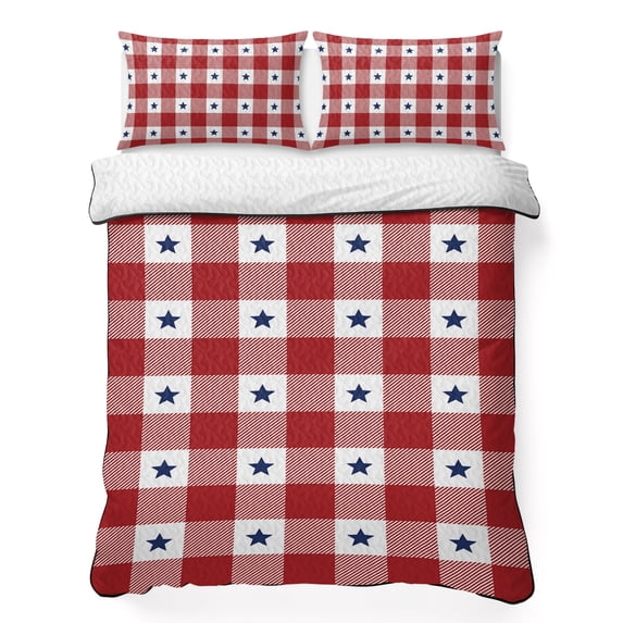Twin XL Quilt Set 68''x98'', 4th of July Lightweight Bedspread Coverlet Set with 2 Pillow Shams, Independence Day Red White Plaid Blue Star Breathable All Season Quilt Bedding for Dorm/Guest Room