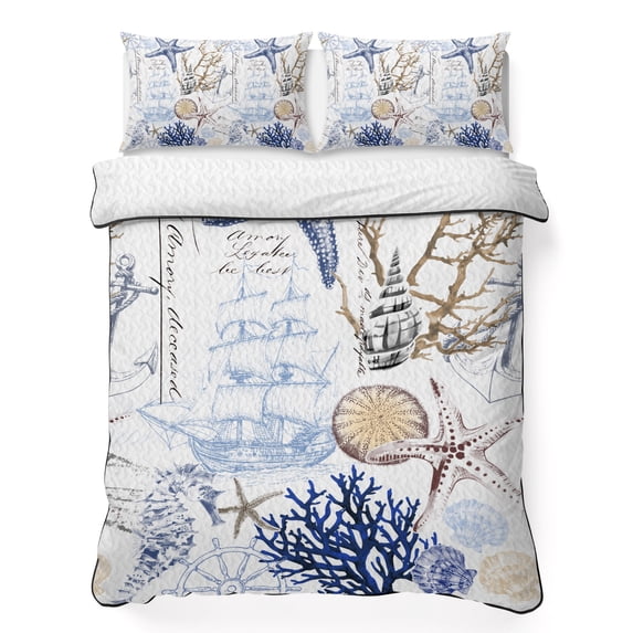 Twin XL Quilt Set 68''x98'', Blue Brown Coastal Lightweight Bedspread Coverlet Set with 2 Pillow Shams, Summer Beach Nautical Coral Starfish Breathable All Season Quilt Bedding for Dorm/Guest Room