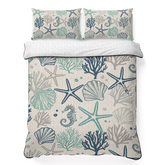 Twin XL Quilt Set 68''x98'', Blue Teal Coastal Lightweight Bedspread Coverlet with 2 Pillow Shams, Summer Beach Starfish Coral Nautical Rustic Breathable All Season Quilt Bedding for Dorm/Guest Room
