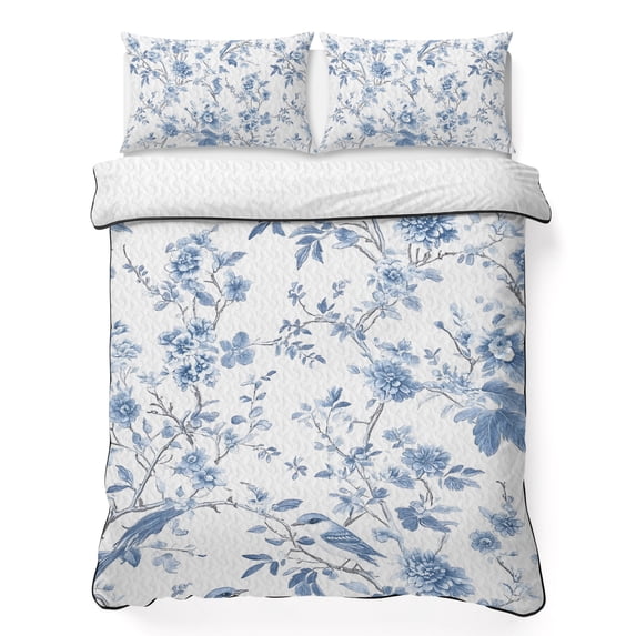 Twin XL Quilt Set 68''x98'', Blue White Spring Floral Lightweight Summer Bedspread Coverlet Set with 2 Pillow Shams, Summer Botanical Birds Breathable All Season Quilt Bedding for Dorm/Guest Room