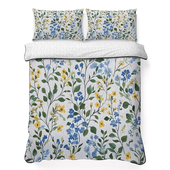 Twin XL Quilt Set 68''x98'', Blue Yellow Floral Spring Lightweight Bedspread Coverlet Set with 2 Pillow Shams, Green Pastoral Summer Botanical Breathable All Season Quilt Bedding for Dorm/Guest Room