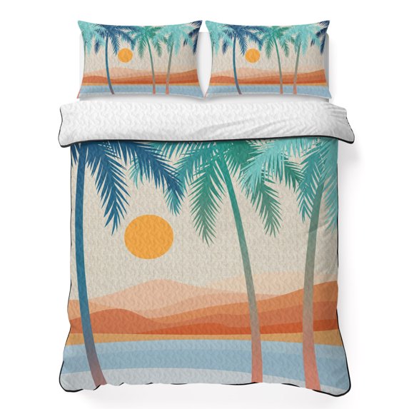 Twin XL Quilt Set 68''x98'', Boho Summer Beach Lightweight Bedspread Coverlet Set with 2 Pillow Shams, Abstract Tropical Palm Trees Burlap Breathable All Season Quilt Bedding for Dorm/Guest Room