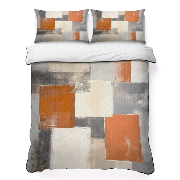 Twin XL Quilt Set 68''x98'', Burnt Orange Grey Lightweight Summer Bedspread Coverlet Set with 2 Pillow Shams, Modern Abstract Oil Painting Breathable All Season Quilt Bedding for Dorm/Guest Room
