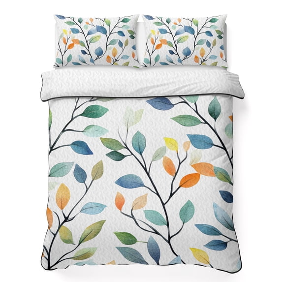 Twin XL Quilt Set 68''x98'', Colorful Leaf Lightweight Summer Bedspread Coverlet Set with 2 Pillow Shams, Summer Botanical Pastoral Spring Breathable All Season Quilt Bedding for Dorm/Guest Room